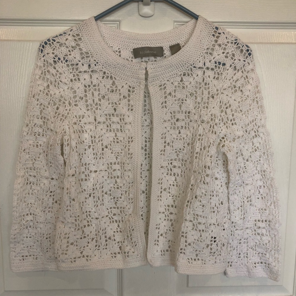 Liz Claiborne crochet cardigan cotton sweater white cottagecore feminine boxy